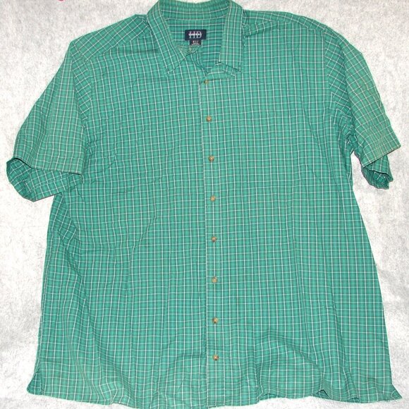 Mens DXL Harbor Bay Button Front SHIRT, 2XLT, Green Plaid, Short Slv, Big/Tall - Picture 1 of 10